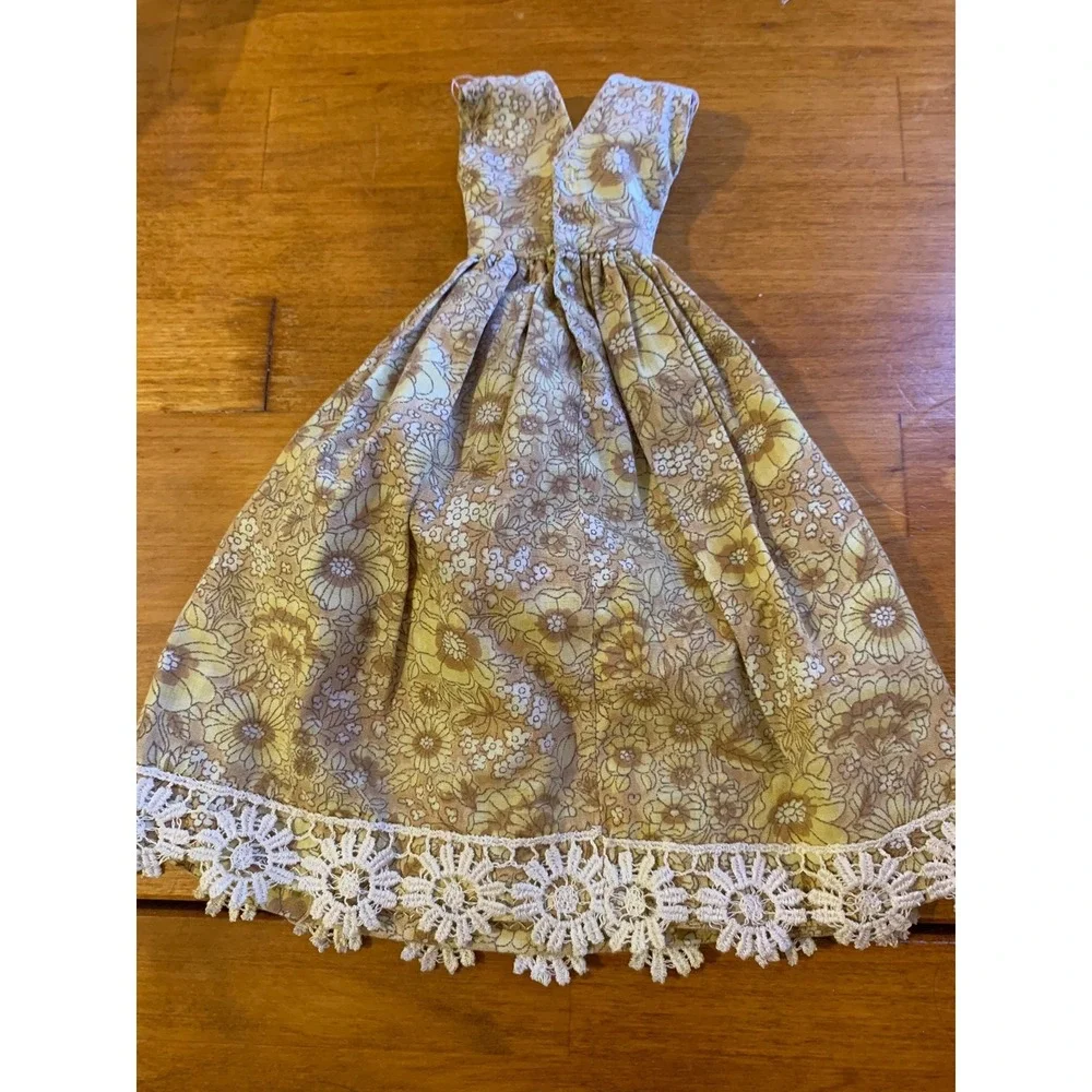 Vintage Barbie Clone Handmade?  Retro Sundress Lace Trim Gold & Brown